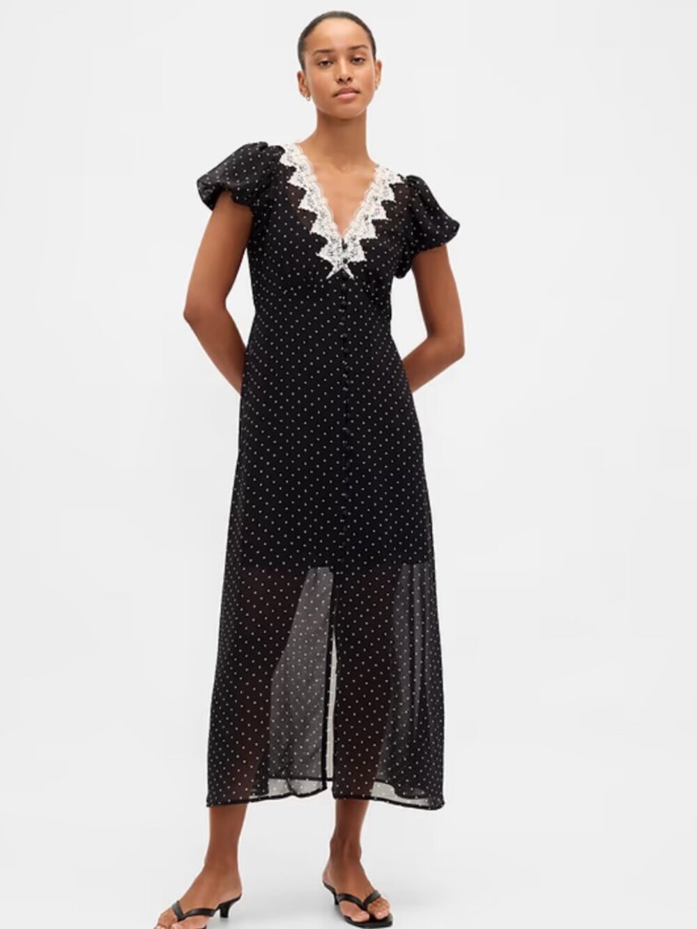 Gap Lace-Trim V-Neck Black & white Polka Dot Maxi Dress Medium